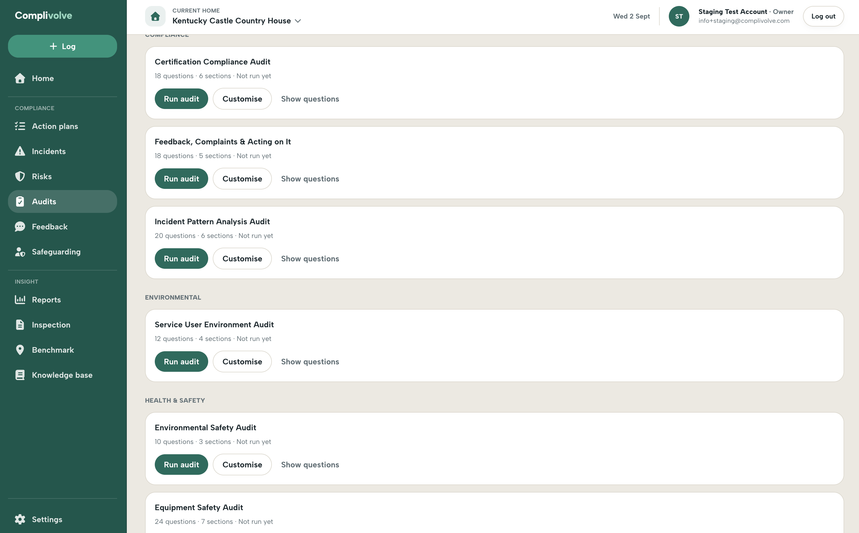Complivolve’s audit library with Run audit, Customise and Show questions controls for existing audits. Demonstration data.