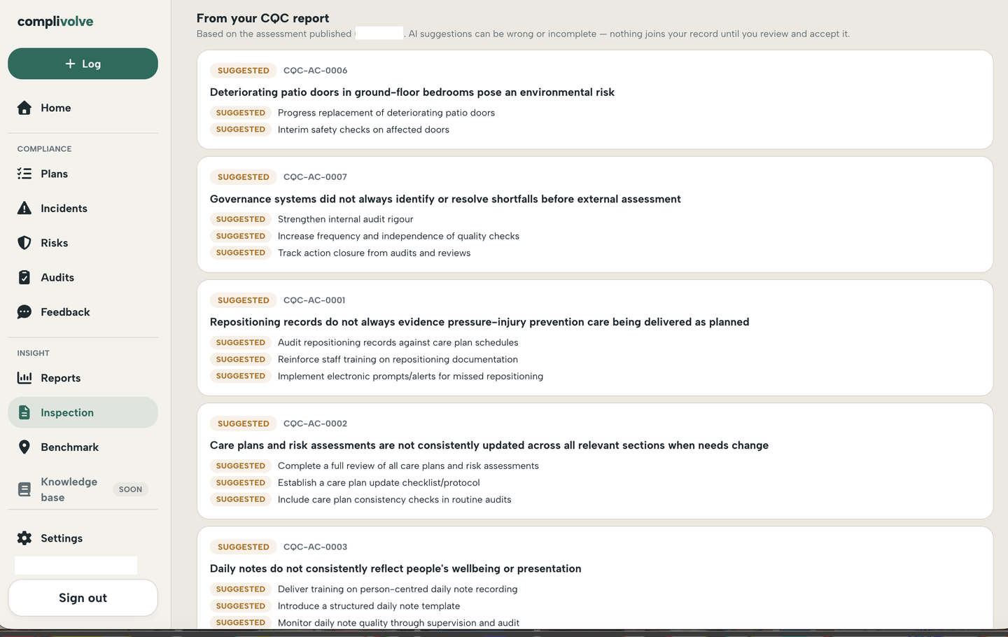Suggested findings and actions, each waiting for review and acceptance