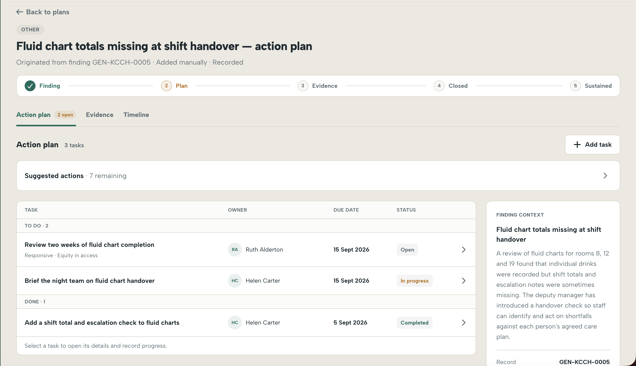 A demonstration action plan for fluid chart handover, showing task owners, due dates, open and completed work, and tabs for evidence and the timeline.