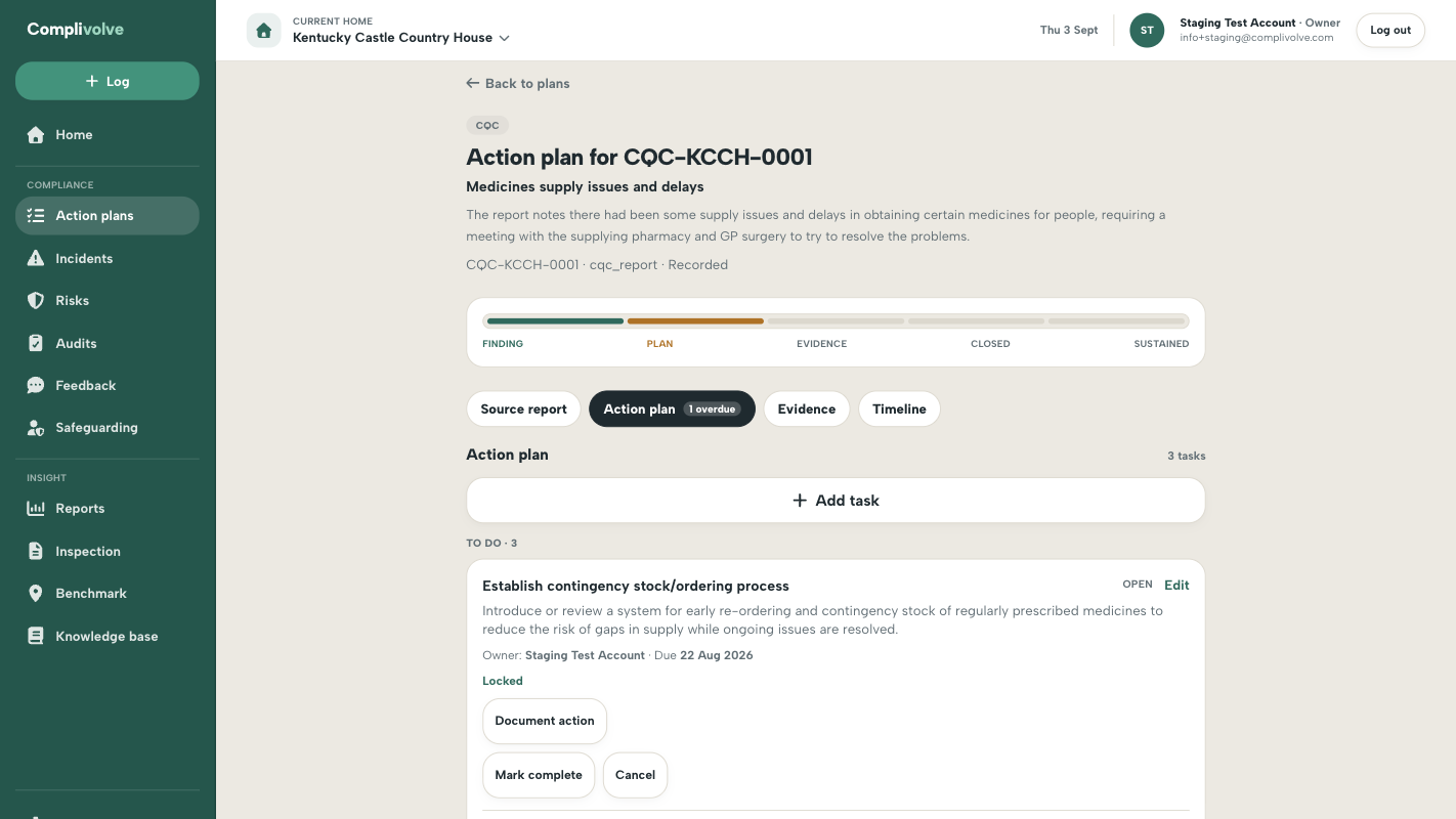 An action plan in Complivolve with a finding, progress stages, an assigned task, due date and evidence tab. Demonstration data.