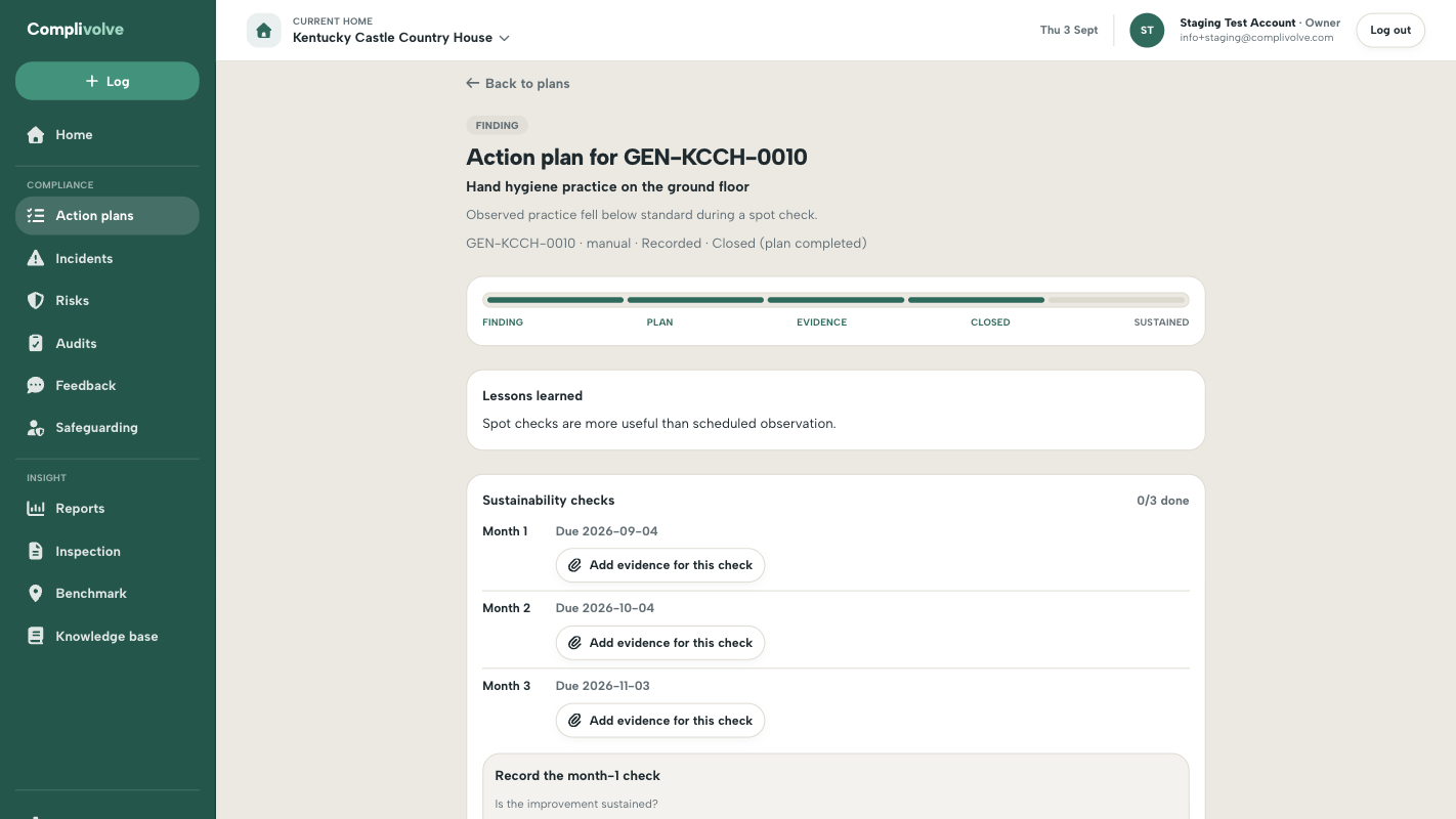 A separate demonstration action plan showing lessons learned, scheduled sustainability checks and evidence controls.